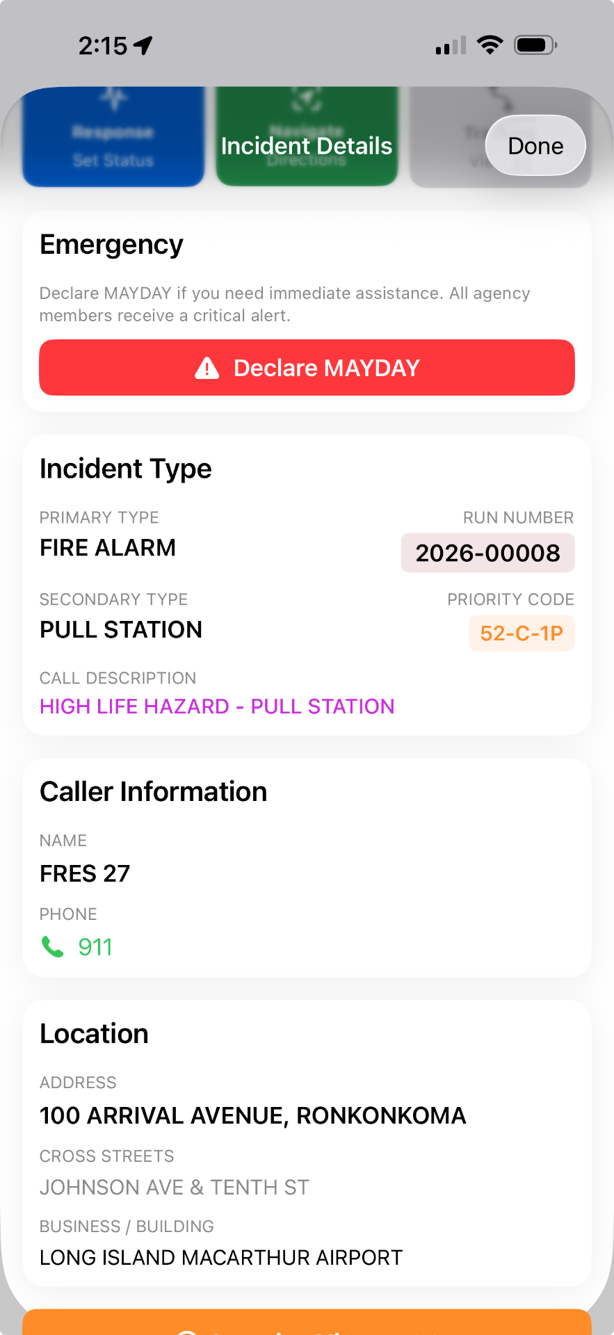 ResponderRMS active incident on iPhone